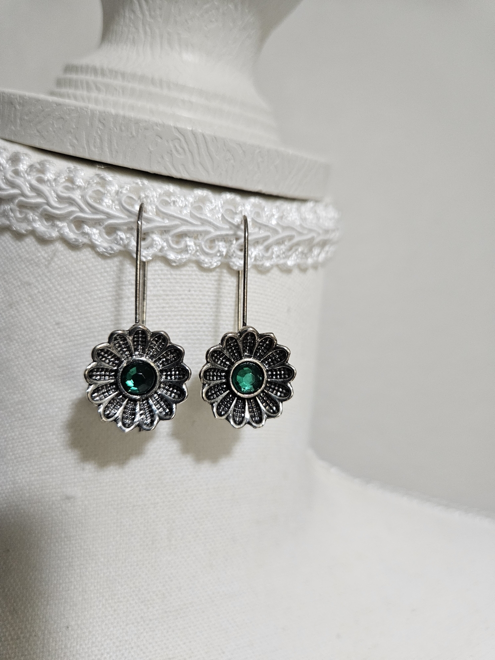 Silver Flower Drop Earrings with Emerald Green Stone